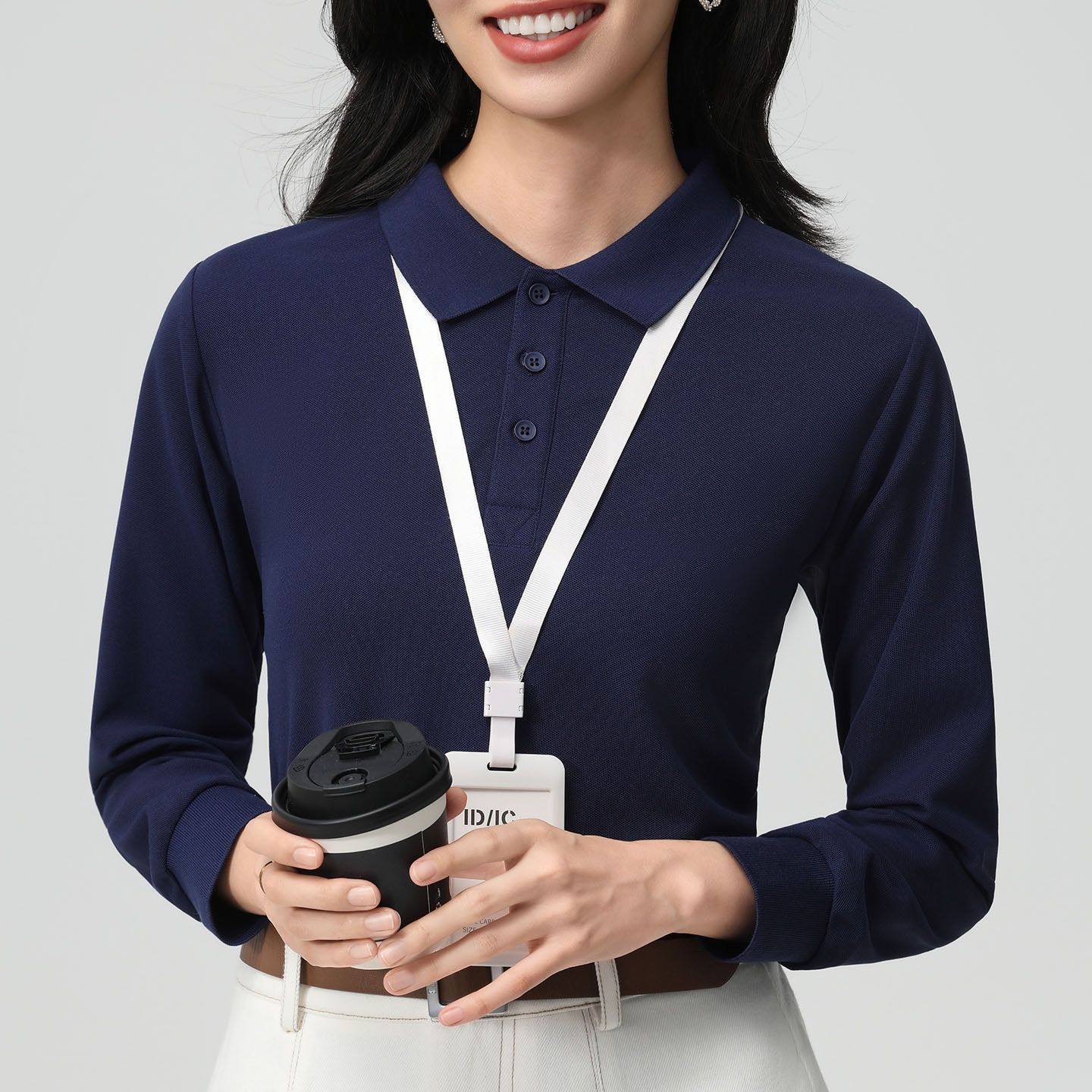 レディース ポロシャツ ベーシック鹿の子編みレディース長袖ポロシャツ