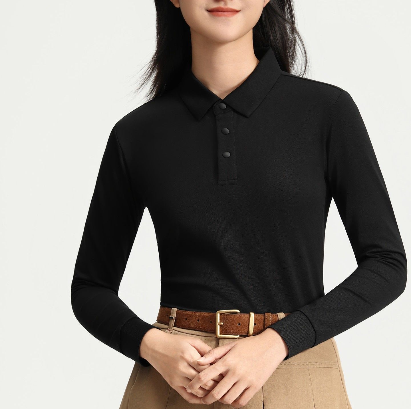 レディース ポロシャツ 綿混紡素材のきちんと見え襟付き長袖シャツ