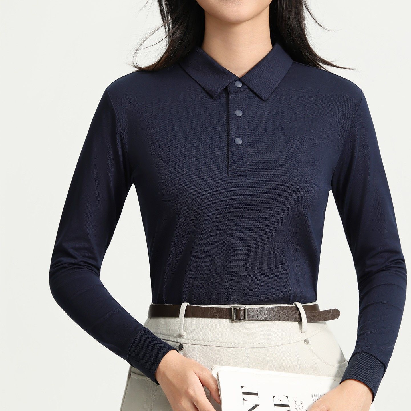 レディース ポロシャツ 綿混紡素材のきちんと見え襟付き長袖シャツ