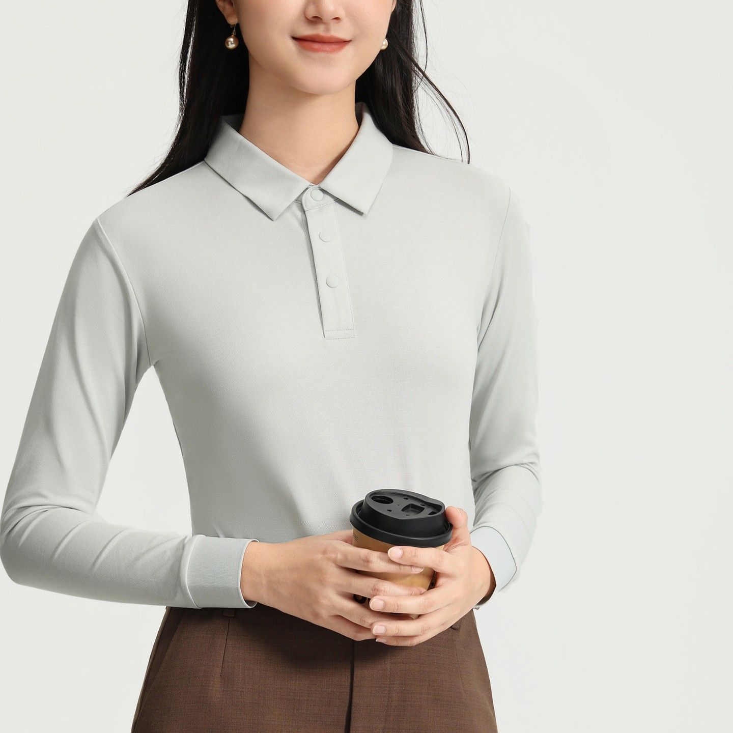 レディース ポロシャツ 綿混紡素材のきちんと見え襟付き長袖シャツ