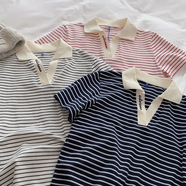 レディース ポロシャツ 襟配色ボーダー柄スポーティポロシャツ