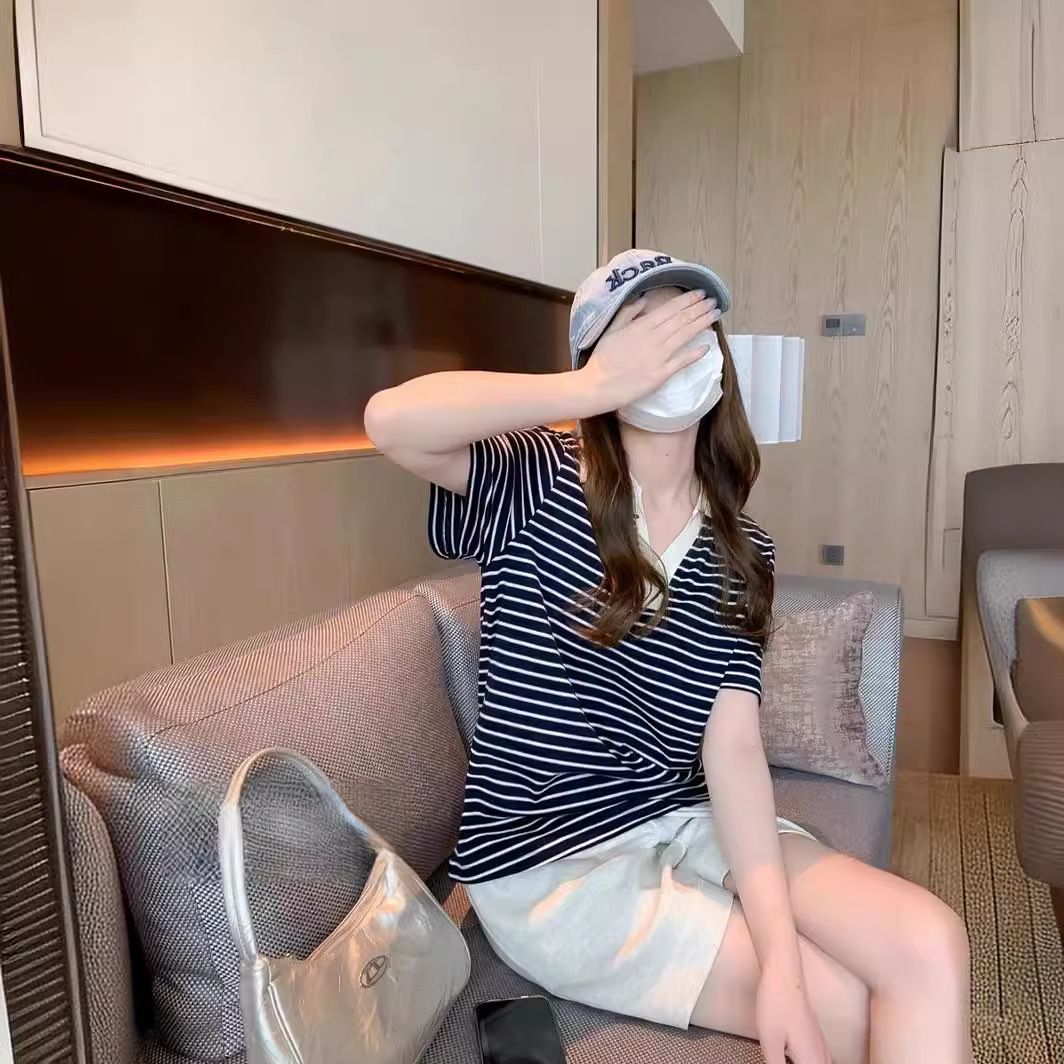 レディース ポロシャツ 襟配色ボーダー柄スポーティポロシャツ