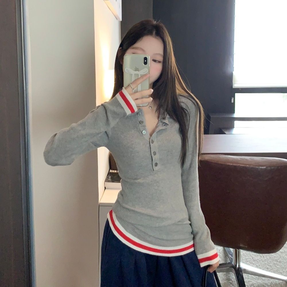 レディース ポロシャツ 配色ライン襟付きリブ編み長袖ニットトップス