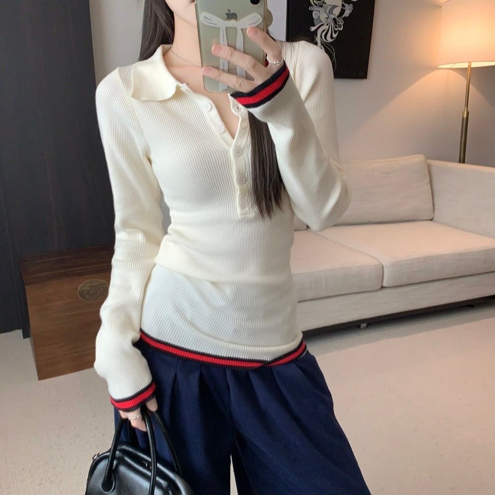 レディース ポロシャツ 配色ライン襟付きリブ編み長袖ニットトップス