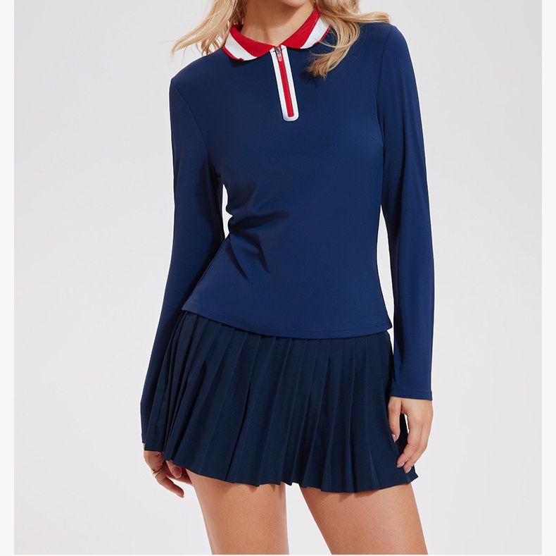 レディース ポロシャツ 配色襟デザイン長袖ポロシャツとプリーツスカートセット