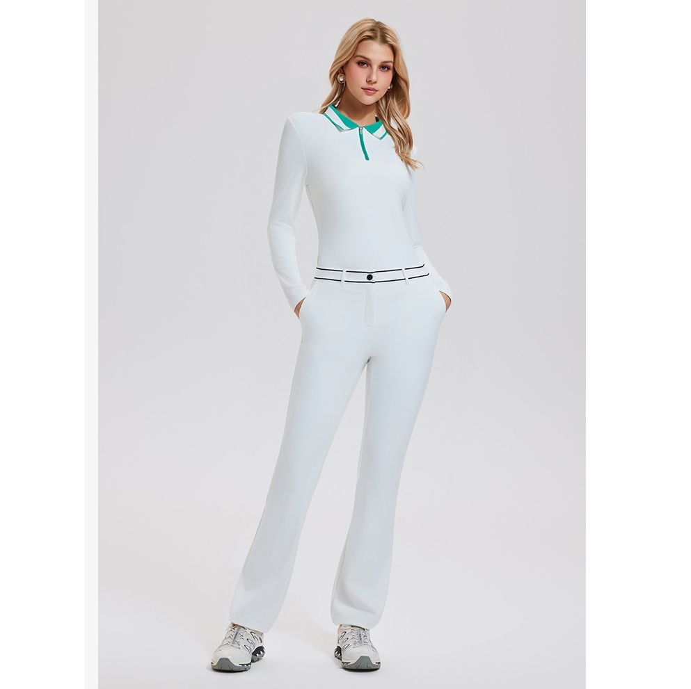 レディース ポロシャツ 配色襟デザイン長袖ゴルフポロシャツ