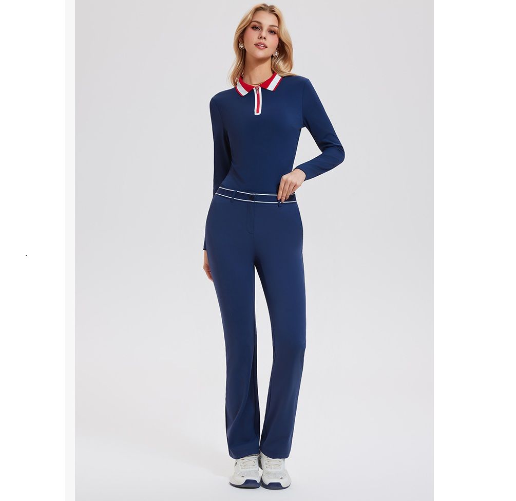 レディース ポロシャツ 配色襟デザイン長袖ゴルフポロシャツ