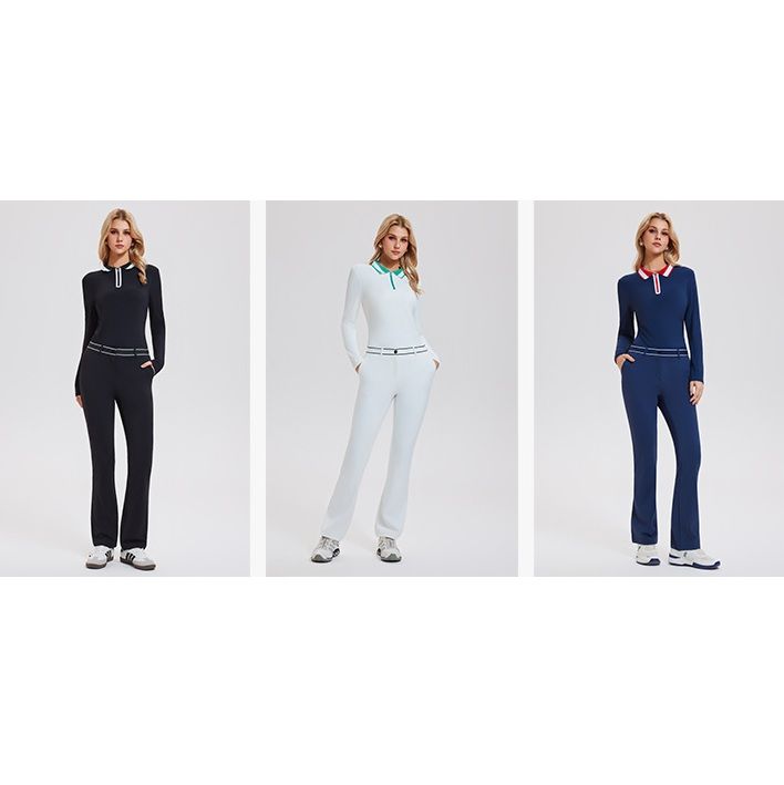 レディース ポロシャツ 配色襟デザイン長袖ゴルフポロシャツ