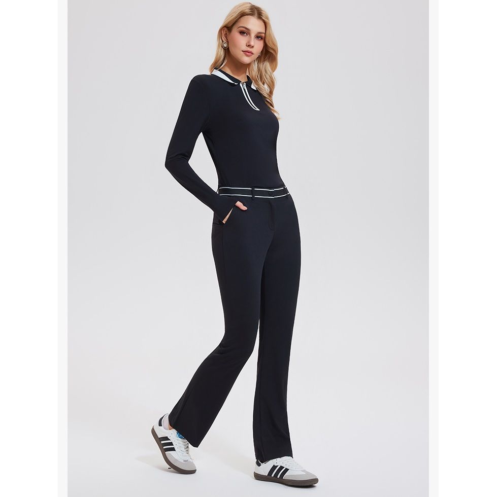 レディース ポロシャツ 配色襟デザイン長袖ゴルフポロシャツ