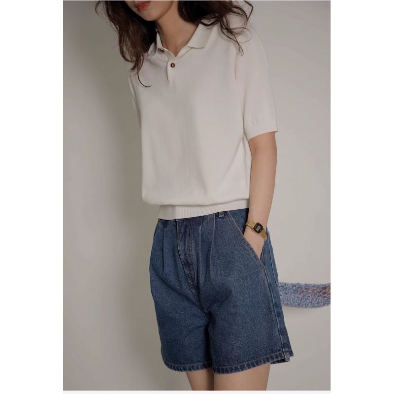 レディース ポロシャツ シンプルデザイン襟付き半袖ニットポロシャツ