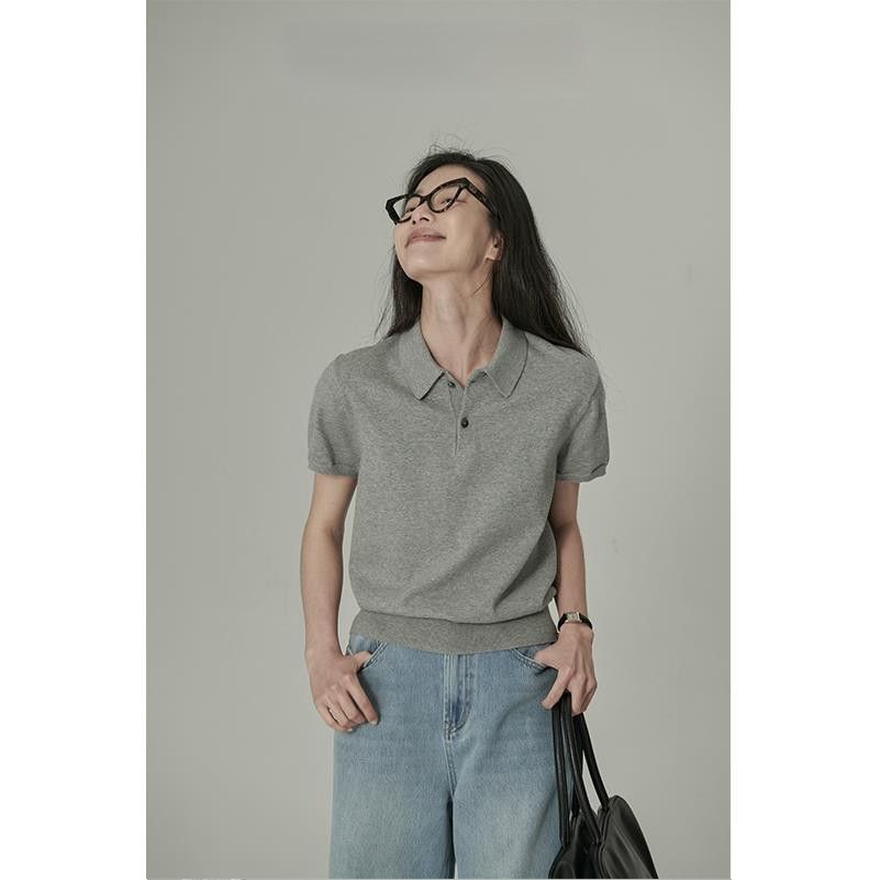 レディース ポロシャツ シンプルベーシック襟付き半袖ポロシャツ