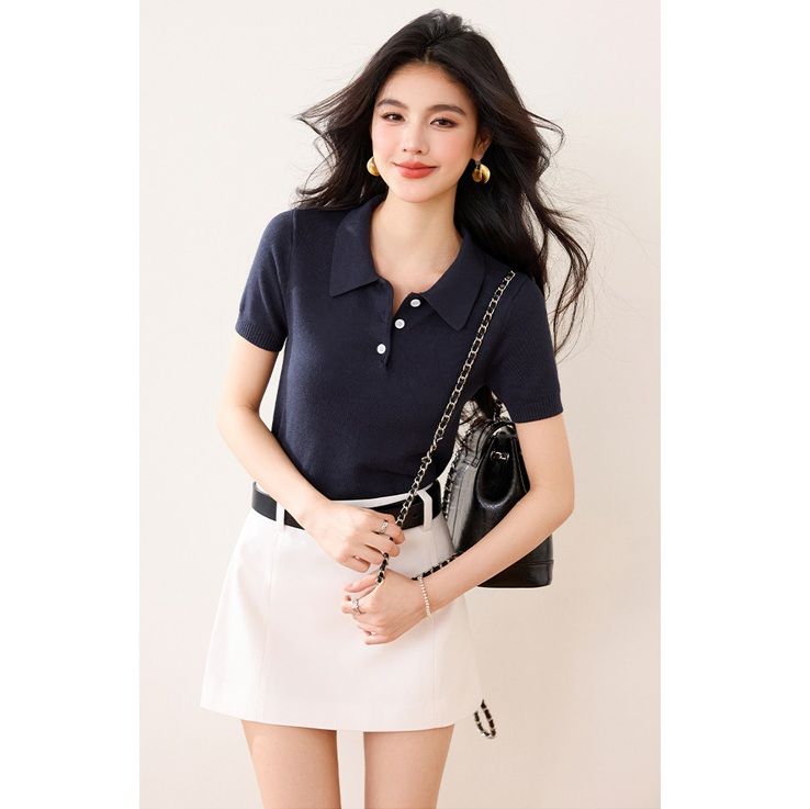 レディース ポロシャツ ニット素材襟付きボタンデザイン半袖トップス