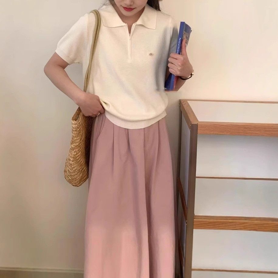 レディース ポロシャツ ニット素材の襟付き半袖ポロシャツ