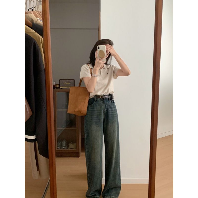 レディース ポロシャツ ニット素材ワンポイント刺繍半袖ポロシャツ