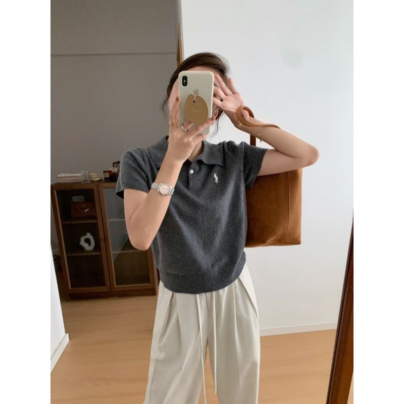 レディース ポロシャツ ニット素材ワンポイント刺繍半袖ポロシャツ