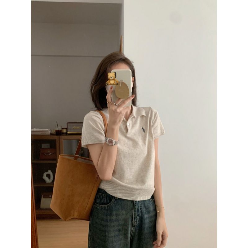 レディース ポロシャツ ニット素材ワンポイント刺繍半袖ポロシャツ