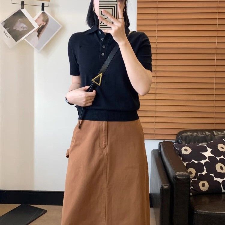 レディース ポロシャツ 上品ニット素材の襟付き半袖ポロシャツ