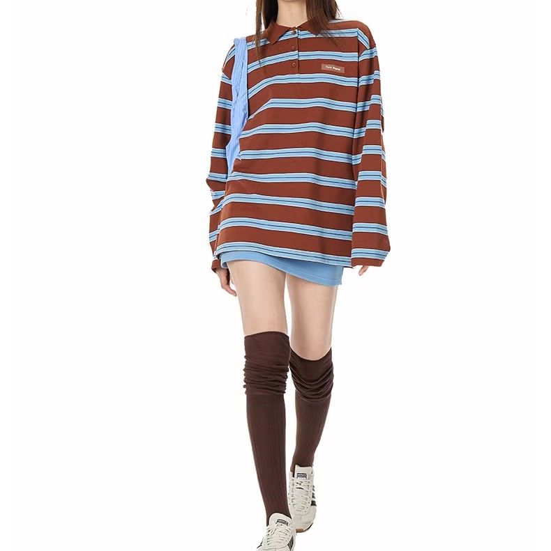 ポロシャツ レディース ストライプ柄オーバーサイズポロシャツ