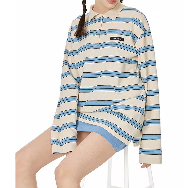 ポロシャツ レディース ストライプ柄オーバーサイズポロシャツ
