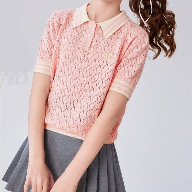 ポロシャツ レディース 透かし編み半袖ポロシャツ