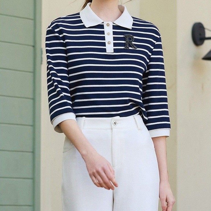 ポロシャツ レディース クラシック ボーダー ポロシャツ 七分袖