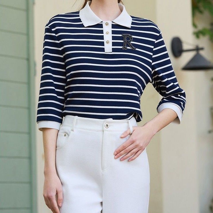ポロシャツ レディース クラシック ボーダー ポロシャツ 七分袖