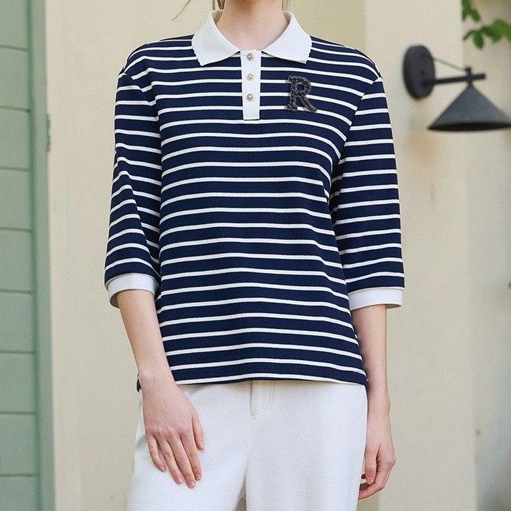 ポロシャツ レディース クラシック ボーダー ポロシャツ 七分袖