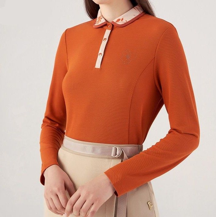 ポロシャツ レディース 高級綿素材の刺繍入り長袖ポロシャツ