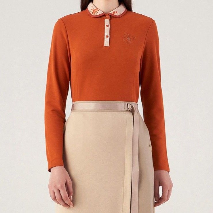 ポロシャツ レディース 高級綿素材の刺繍入り長袖ポロシャツ