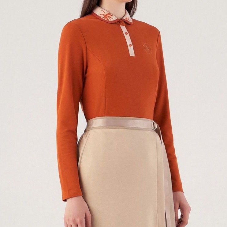 ポロシャツ レディース 高級綿素材の刺繍入り長袖ポロシャツ