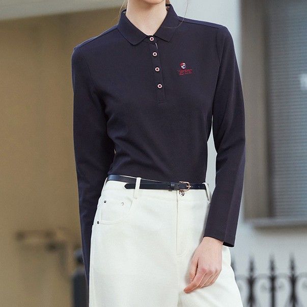 ポロシャツ レディース シンプル細身長袖ポロシャツ