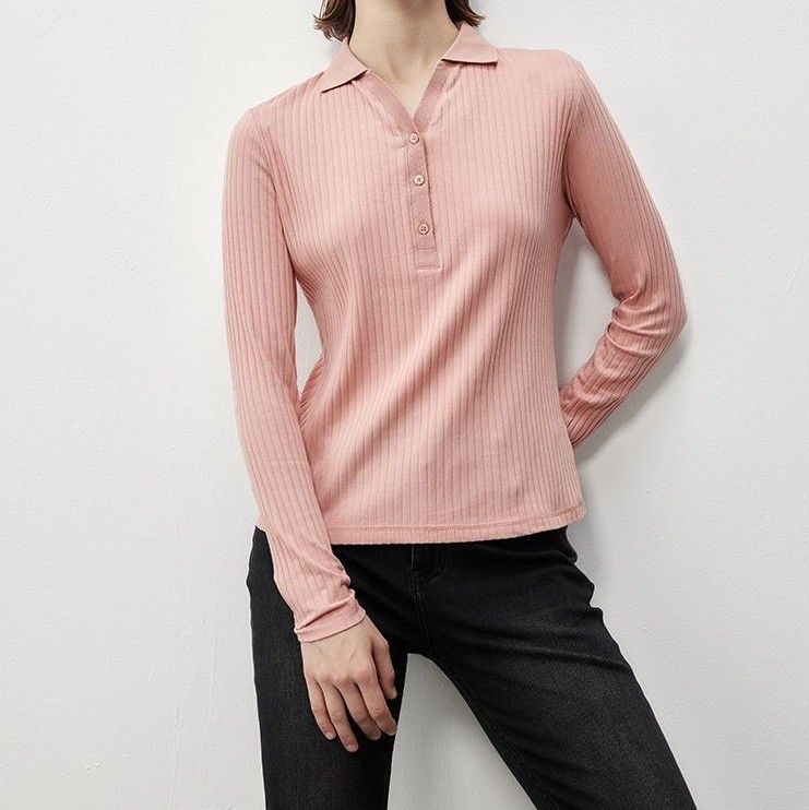 ポロシャツ レディース リブニット長袖ポロシャツ スリムライン