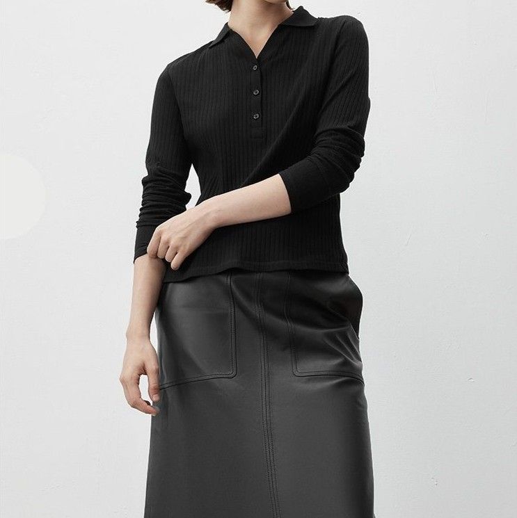 ポロシャツ レディース リブニット長袖ポロシャツ スリムライン