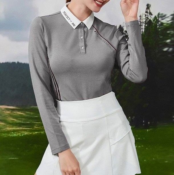 ポロシャツ レディース スポーティーバイカラー襟付き長袖ポロシャツ