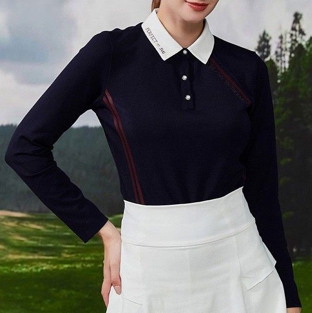 ポロシャツ レディース スポーティーバイカラー襟付き長袖ポロシャツ