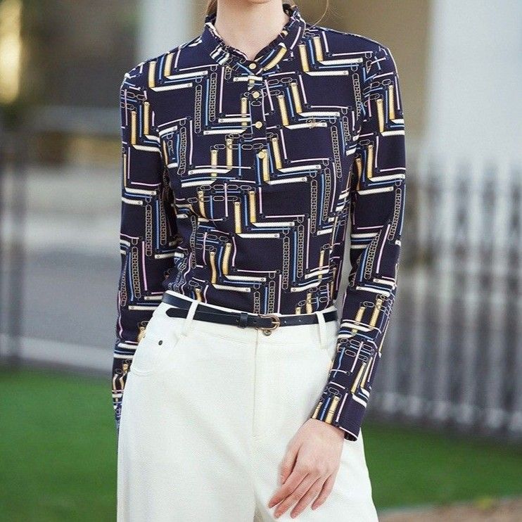 ポロシャツ レディース ジオメトリック柄ニット長袖ポロシャツ