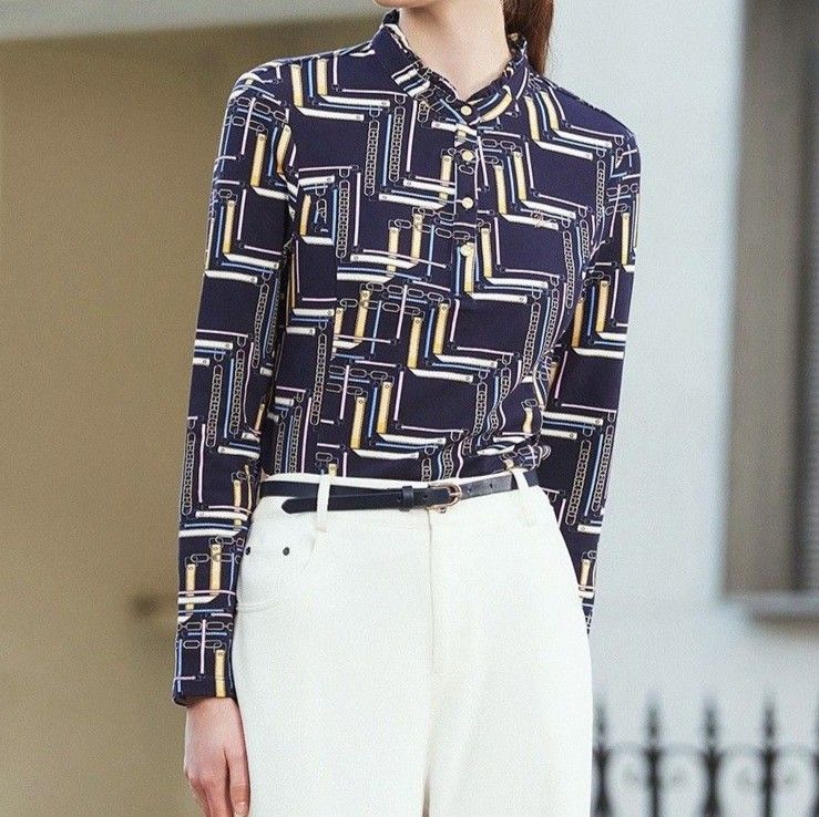 ポロシャツ レディース ジオメトリック柄ニット長袖ポロシャツ