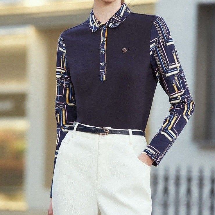 ポロシャツ レディース 優美な幾何学柄スリーブポロシャツ