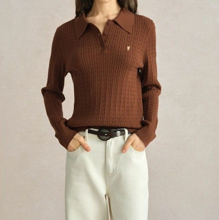 ポロシャツ レディース 上質ケーブル編み長袖ポロシャツ