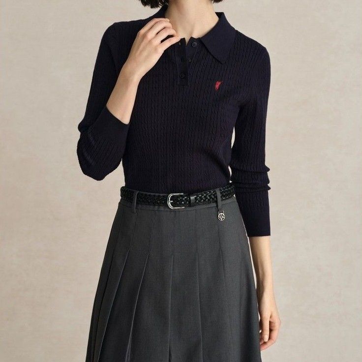 ポロシャツ レディース 上質ケーブル編み長袖ポロシャツ