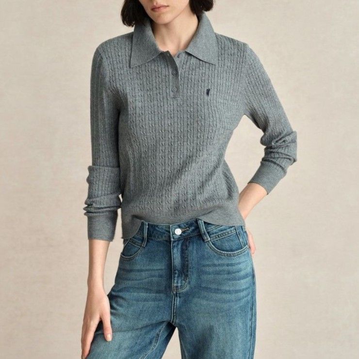 ポロシャツ レディース 上質ケーブル編み長袖ポロシャツ