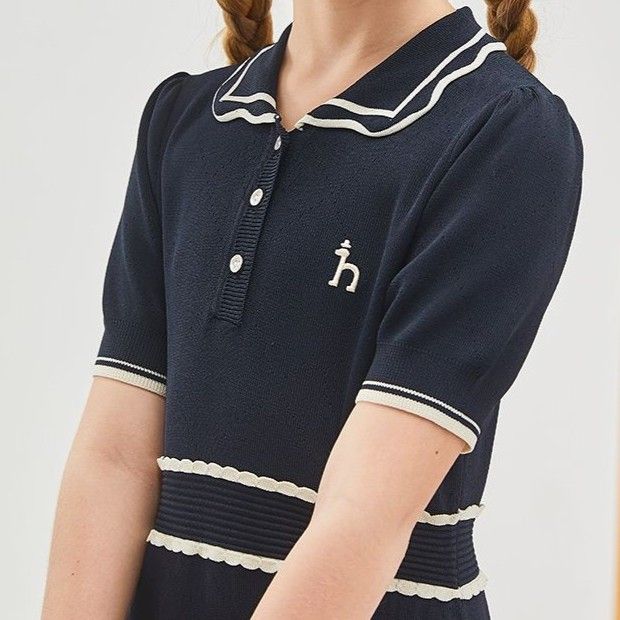 ポロシャツ レディース ガーリーライン襟リボン風ワンピース