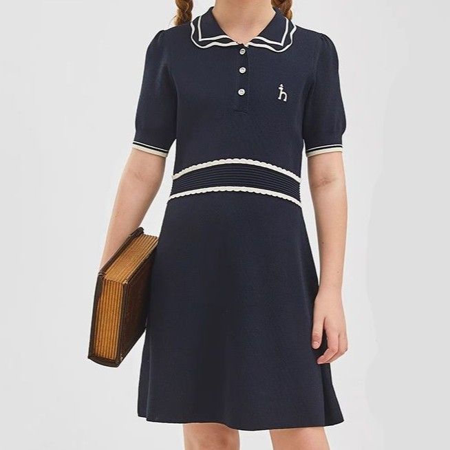 ポロシャツ レディース ガーリーライン襟リボン風ワンピース