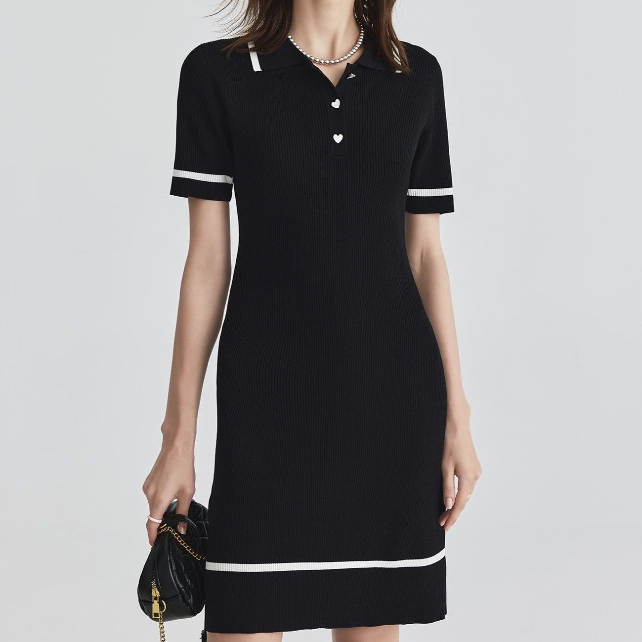 ポロシャツ レディース 洗練バイカラーリブ編みワンピース