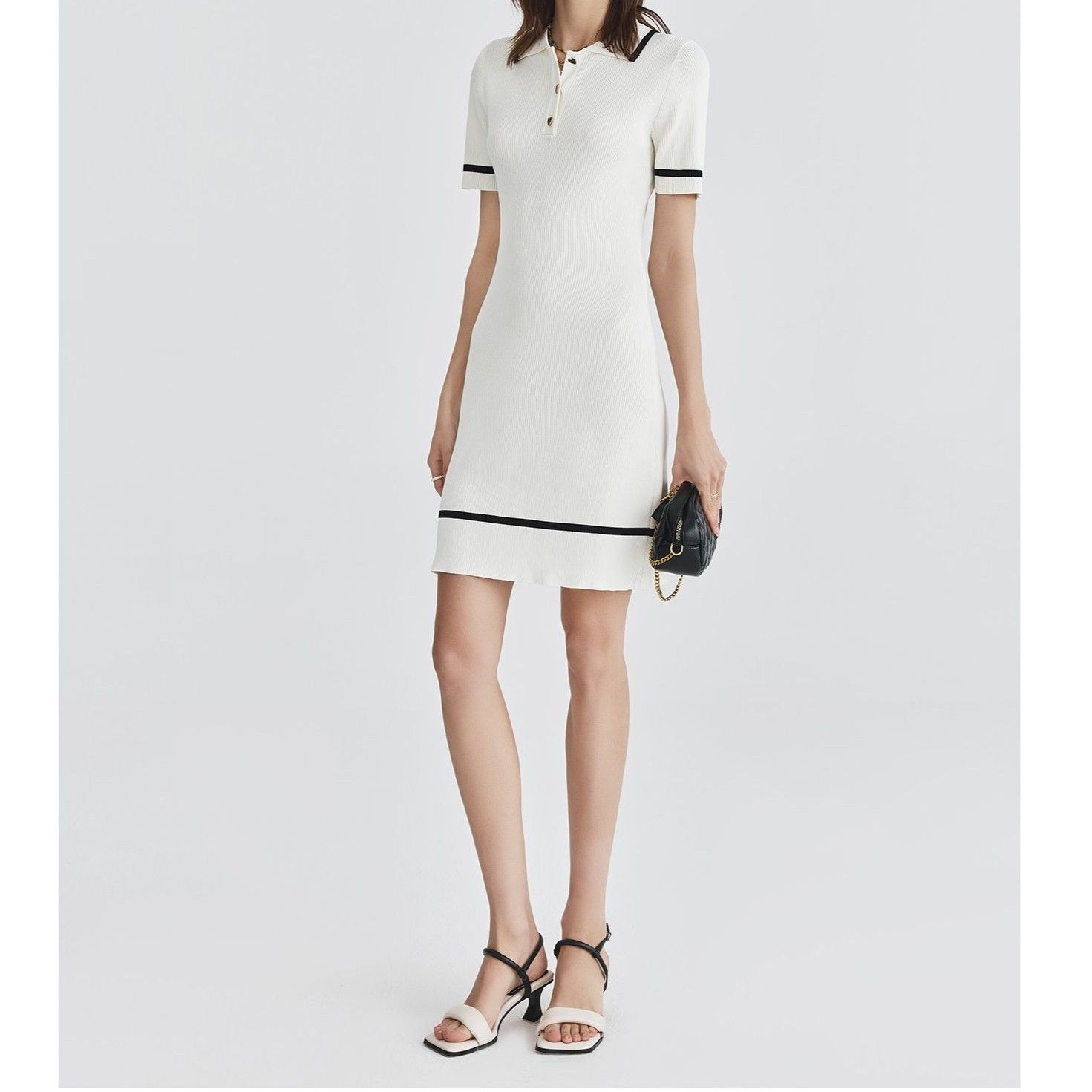 ポロシャツ レディース 洗練バイカラーリブ編みワンピース