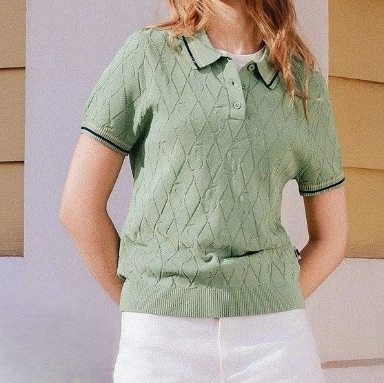 ポロシャツ レディース ダイヤ編み柄 半袖ニットポロ