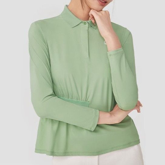 ポロシャツ レディース シンプル上品ウエストギャザー長袖ポロシャツ