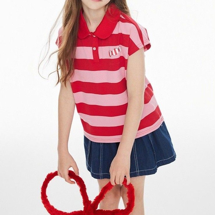 ポロシャツ レディース 丸襟ボーダー柄お嬢様風半袖ポロシャツ