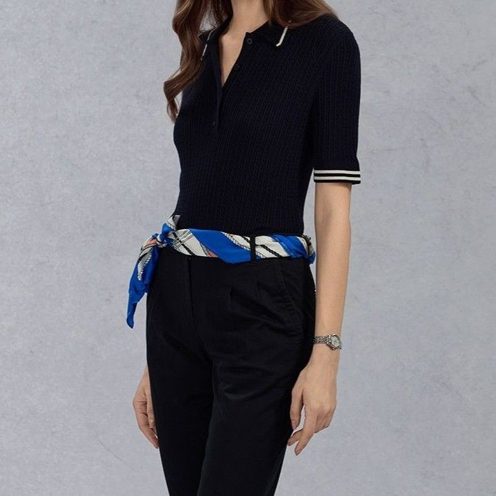 ポロシャツ レディース 上質ケーブル編みニットポロシャツ