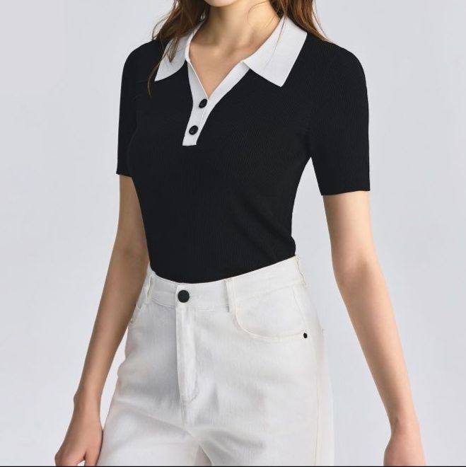 ポロシャツ レディース バイカラー襟付きリブニットポロ